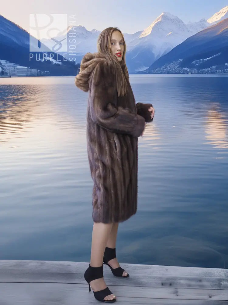 Demi buff mink fur coat with detachable hood, knee-length, full sleeves