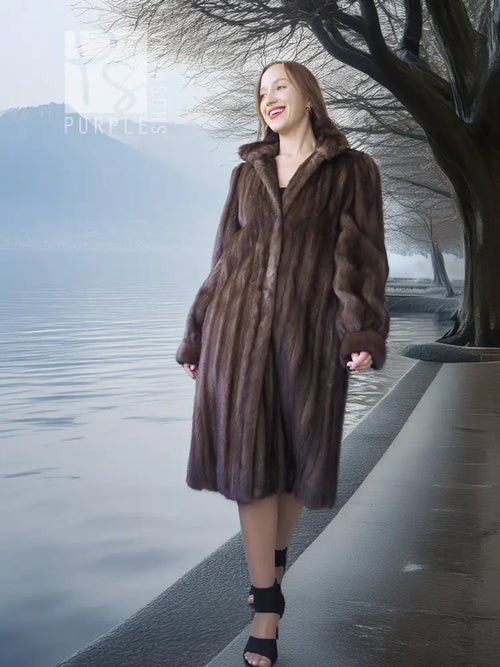Demi buff mink fur coat with detachable hood, long sleeves, open front
