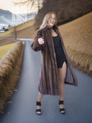 Demi buff mink fur stroller coat with detachable hood, dark brown, long sleeves