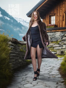 Demi buff mink fur coat with detachable hood, open front, mid-length