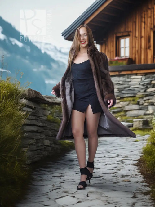 Demi buff mink fur coat with detachable hood, open front, mid-length
