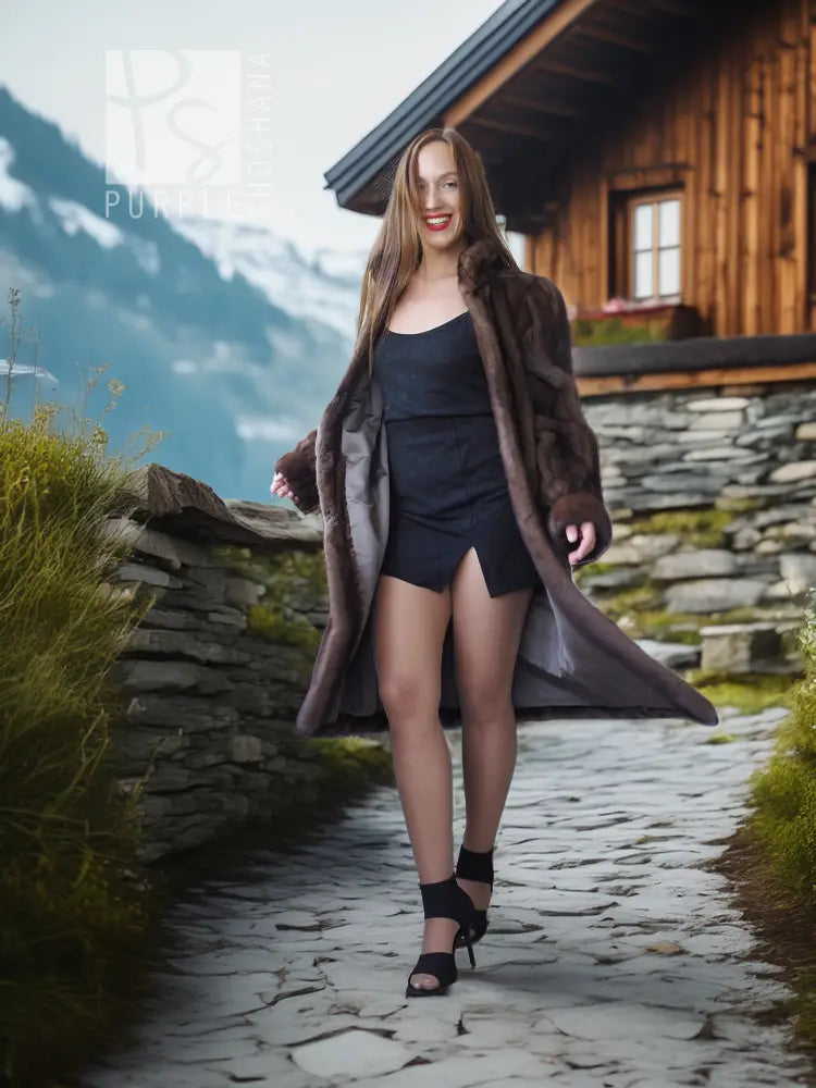 Demi buff mink fur coat with detachable hood, open front, mid-length