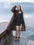 Demi buff mink fur stroller coat with detachable hood, draped collar, ankle length
