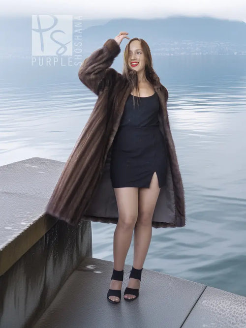 Demi buff mink fur stroller coat with detachable hood, draped collar, ankle length