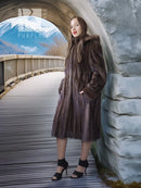 Brown fur hooded coat, front view with long sleeves and textured vertical nap
