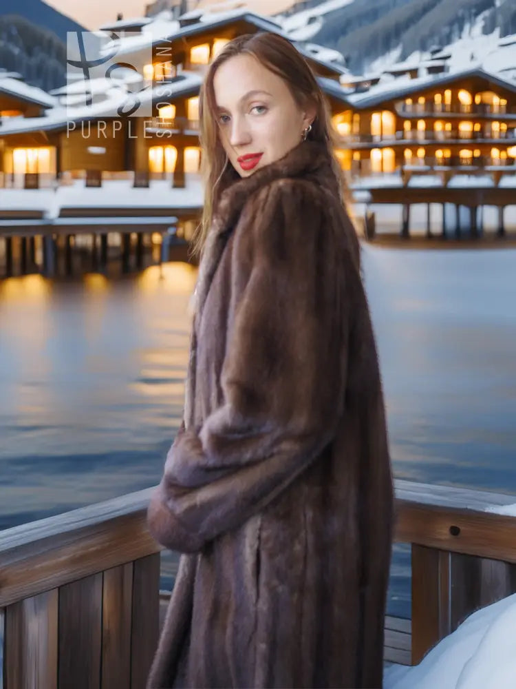 Brown fur hooded coat with high collar and full-length sleeves