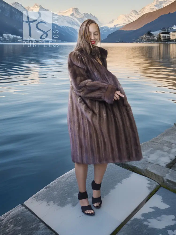 Demi buff mink fur coat with detachable hood, side view, long sleeves