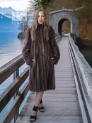 Demi buff mink fur stroller coat with detachable hood, button-front look, knee length