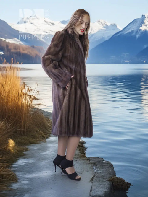 Demi buff mink fur stroller coat, dark brown with full sleeves and open front
