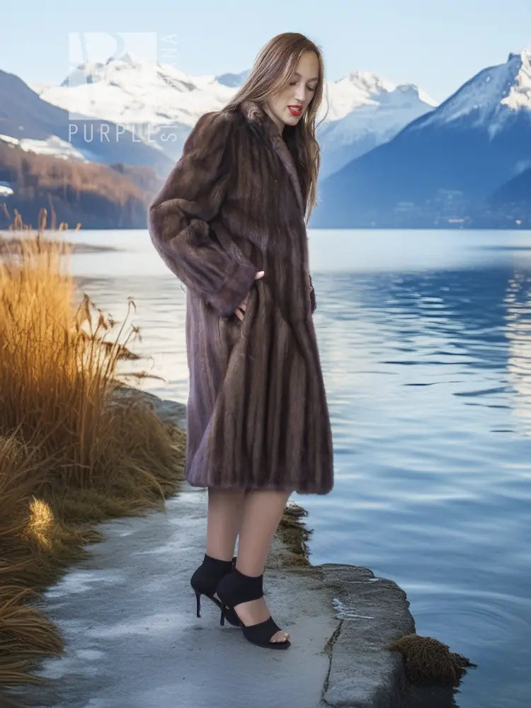 Demi buff mink fur stroller coat, dark brown with full sleeves and open front