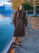 Dark brown fur hooded coat with straight front, mid-thigh length and A-line skirt