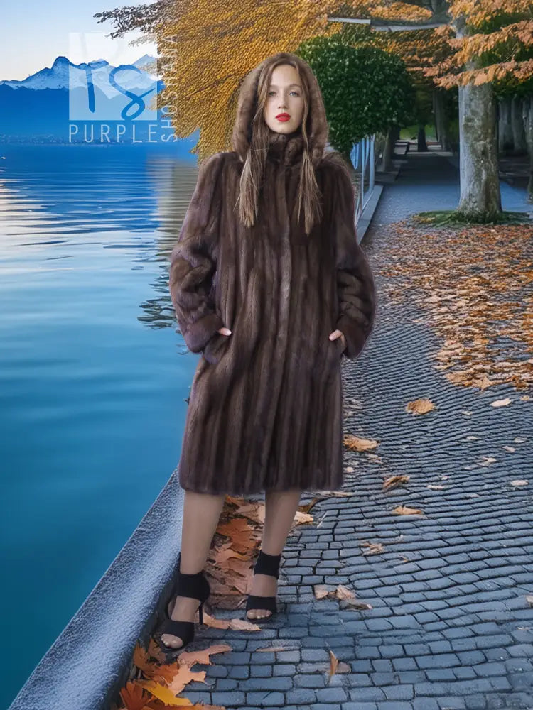 Dark brown fur hooded coat with straight front, mid-thigh length and A-line skirt