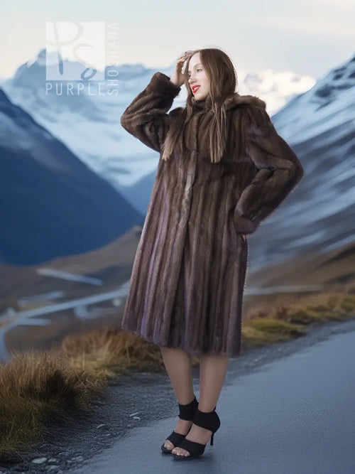 Demi buff mink fur coat with detachable hood, mid-length silhouette