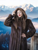 Dark brown fur hooded coat with full sleeves and relaxed A-line silhouette
