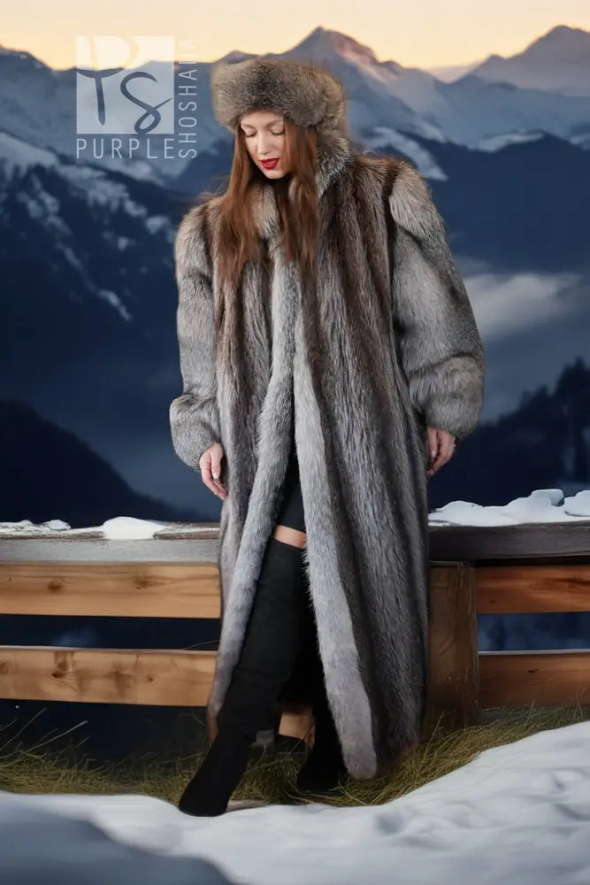Grey raccoon fur coat with hood and long sleeves, open front