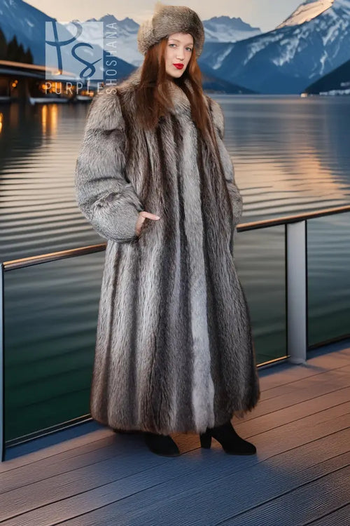 Gray fur coat with fluffy hood and long vertical texture, standing pose on deck