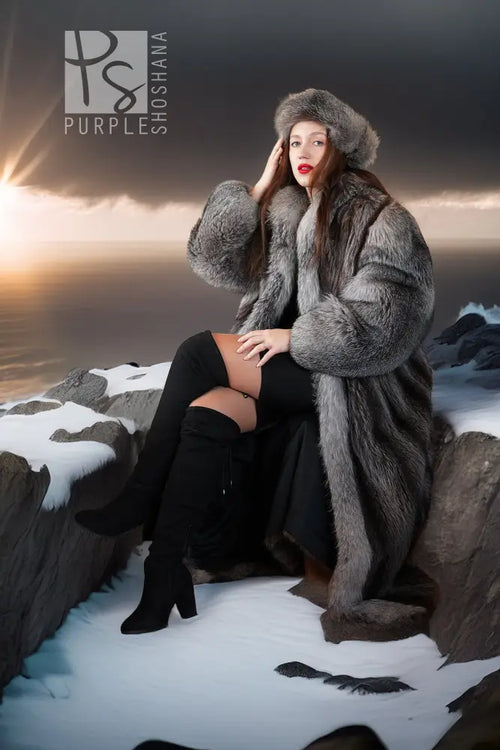 Long gray fur coat with big hood and textured sleeves, buttonless open style