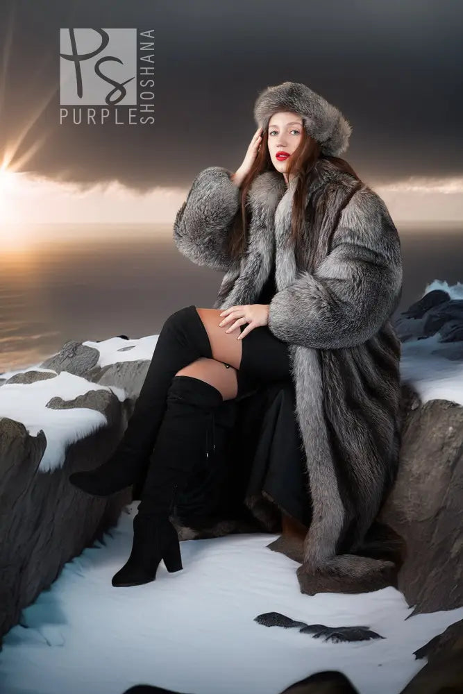 Long gray fur coat with big hood and textured sleeves, buttonless open style