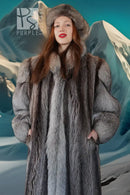 Gray fur coat with large hood and voluminous collar, front view with red lips