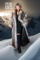 Gray fur coat with plush hood and lapels, long length worn over black dress