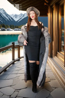 Long gray raccoon fur coat with large hood, full-length sleeves, and wide fur collar