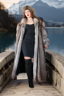 Grey raccoon fur coat with large hood and full sleeves