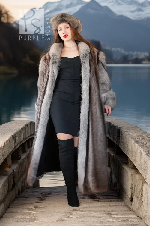 Grey raccoon fur coat with large hood and full sleeves