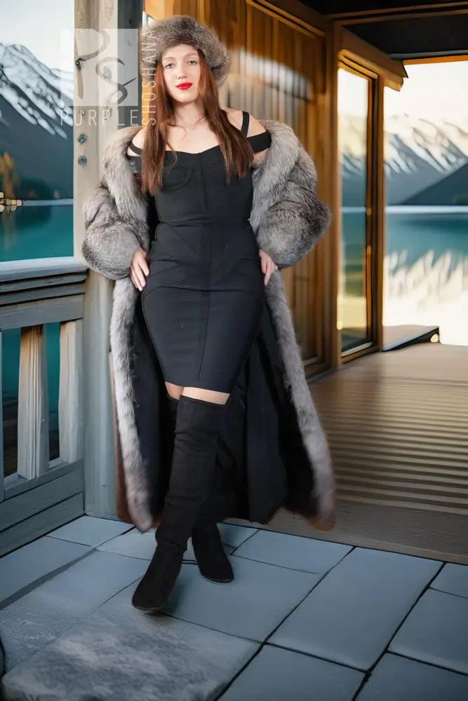 Long gray raccoon fur coat with oversized hood and wide cuffs; front view