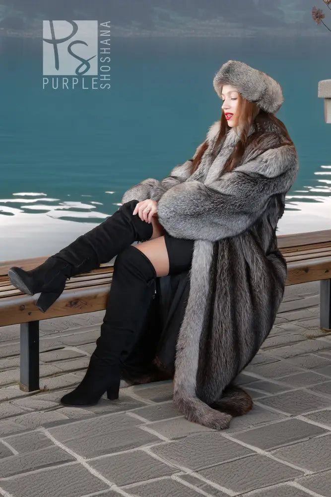 "The Alpine Phantom" – Raccoon Fur Coat with Indigo Fox Collar & Sleeves