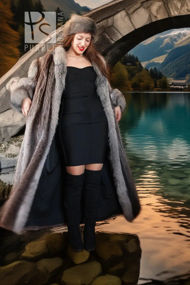 Grey raccoon fur coat with hood and soft shaggy fur collar