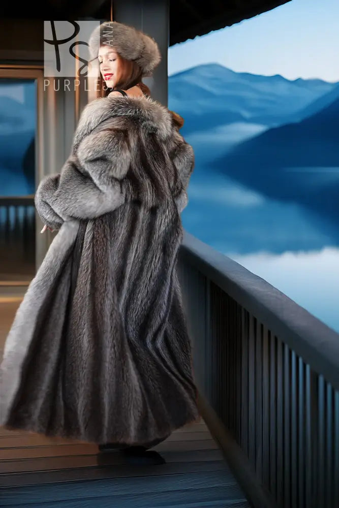 "The Alpine Phantom" – Raccoon Fur Coat with Indigo Fox Collar & Sleeves