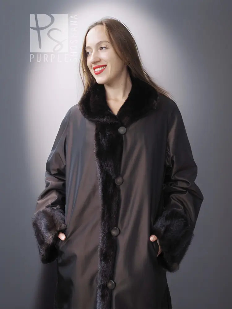 Reversible mink coat with button front and plush fur collar, dark.