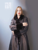 Reversible mink jacket with dark fur collar and cuffs over a dark satin outer layer