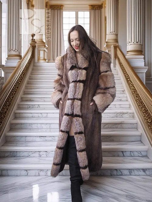 Full-length mink and fox fur coat with striped panels and standing collar, taupe and dark brown