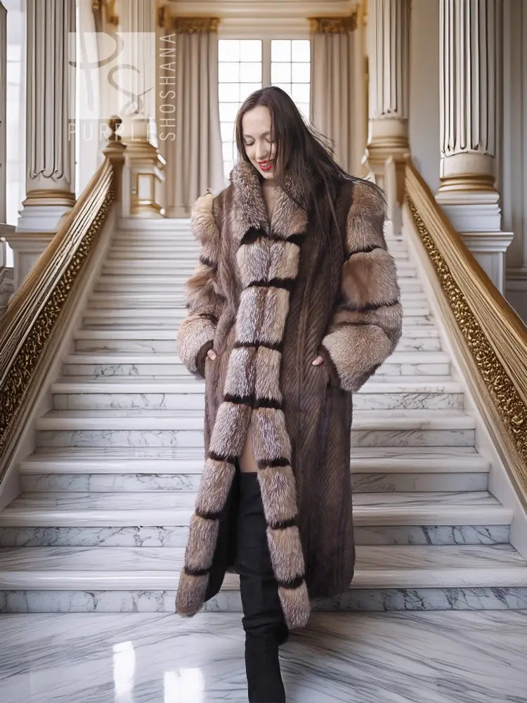 "The Aurelia" – Herringbone Mink & Crystal Fox Full-Length Coat – Modern Design