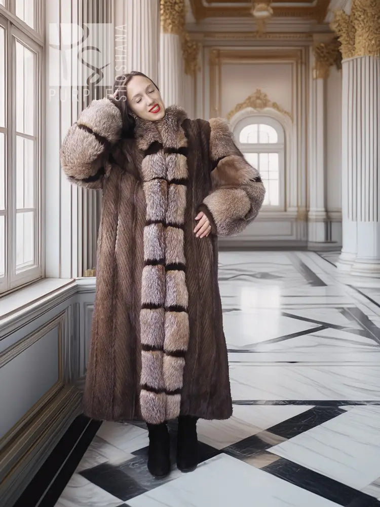 Full-length mink fur coat with hood and striped pattern, side view with arms posed