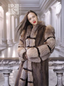 Front-facing mink and fox fur coat with striped panels and raised collar, taupe and dark brown