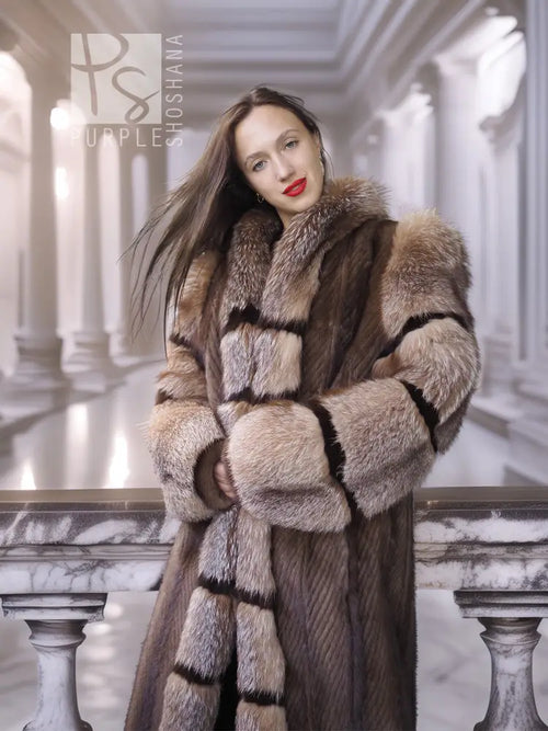 Front-facing mink and fox fur coat with striped panels and raised collar, taupe and dark brown