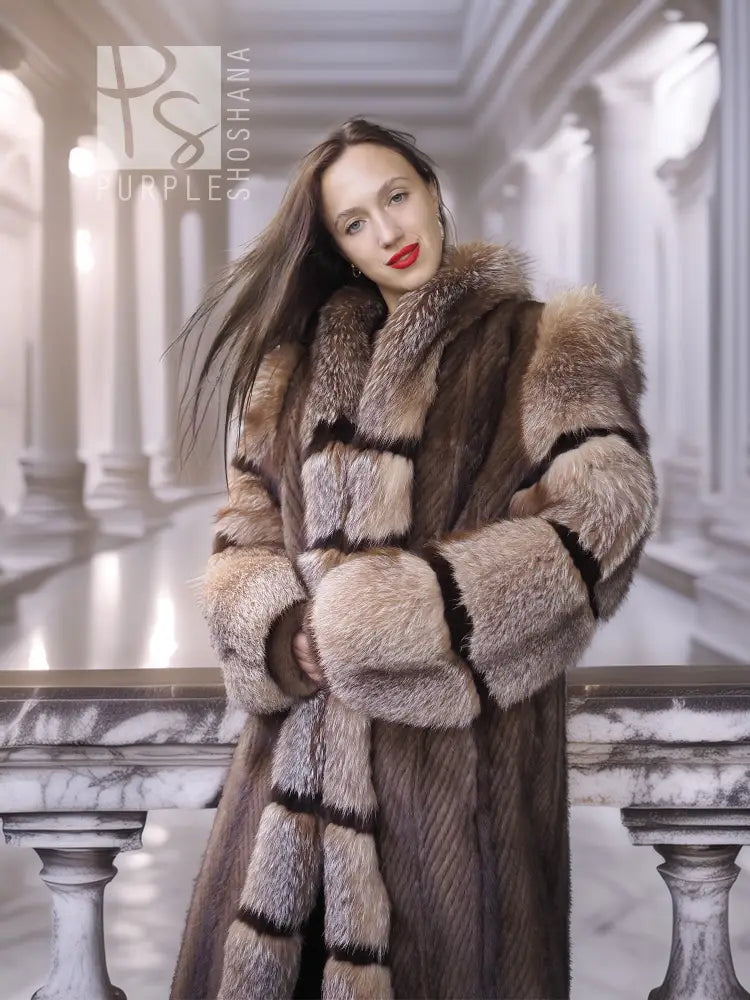 Front-facing mink and fox fur coat with striped panels and raised collar, taupe and dark brown