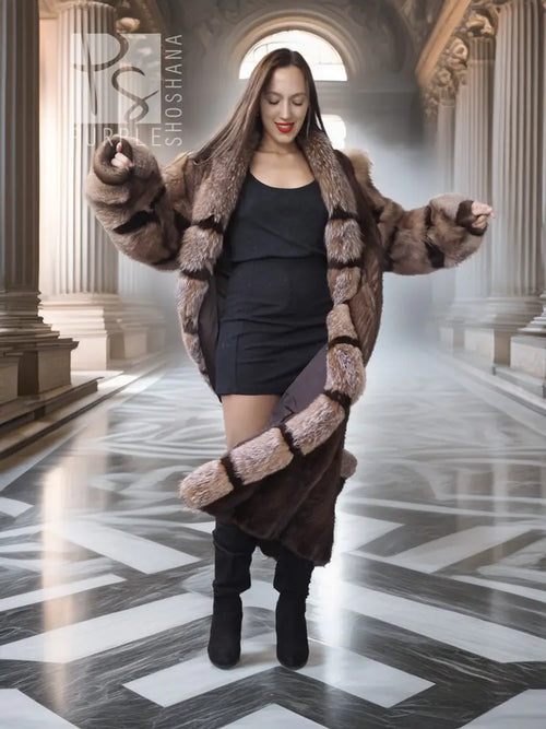 Herringbone mink full-length coat with hood, open front, fur cuffs and hem