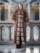 Mink and fox fur coat, full length with horizontal stripe panels and high collar, taupe-brown
