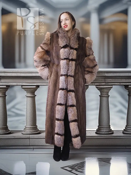 Mink and fox fur coat, full length with horizontal stripe panels and high collar, taupe-brown