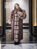 Full-length mink fur coat with fox-fur collar, dark brown, belted front and cuffs