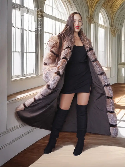 Full-length striped mink fur coat with hood and wide collar, open front over black outfit