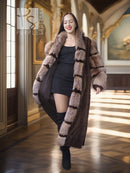 Full-length mink fur coat with hood, wide collar, striped pattern, and long sleeves