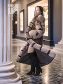 Hooded herringbone mink full-length coat with dark patterned fur sleeves