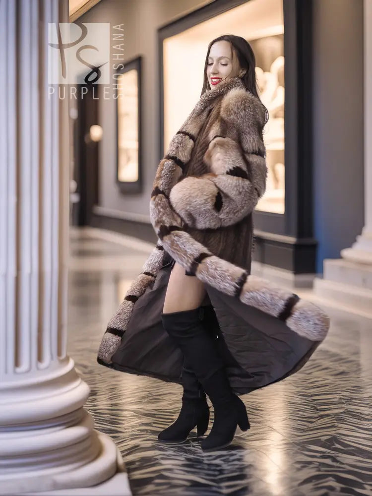 Hooded herringbone mink full-length coat with dark patterned fur sleeves