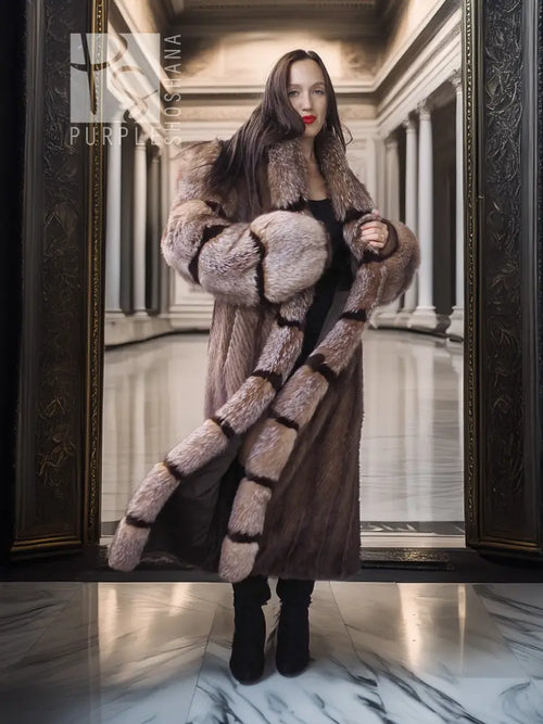 Front view of full-length striped mink fur coat with hood, wide collar, and cropped cuffs