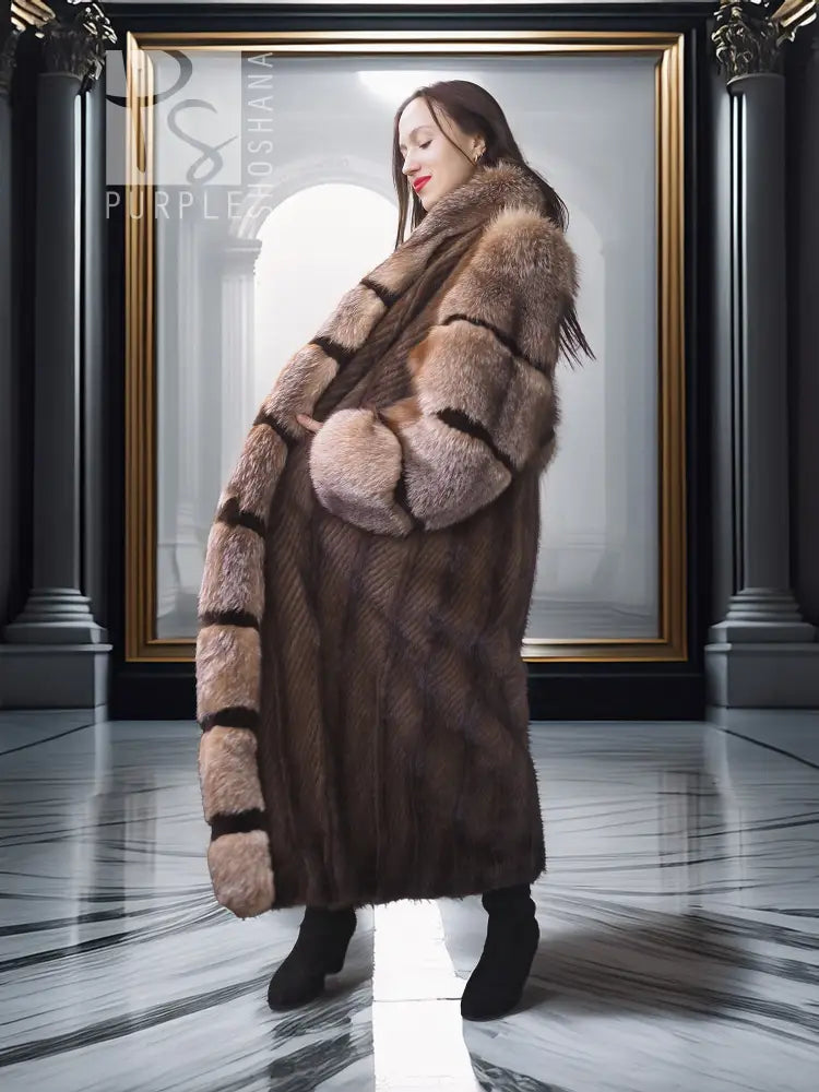Hooded herringbone mink full-length coat with long textured fur panels