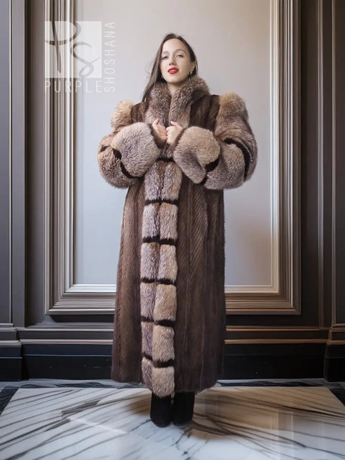 Long mink and fox fur coat with horizontal stripe bands and standing collar, taupe-brown